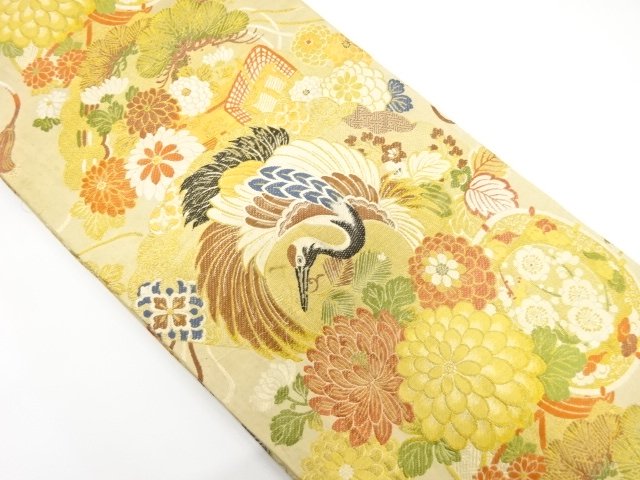 JAPANESE KIMONO / ANTIQUE CRANE / GOSHOGURUMA / FLOWER PATTERN WOVEN M